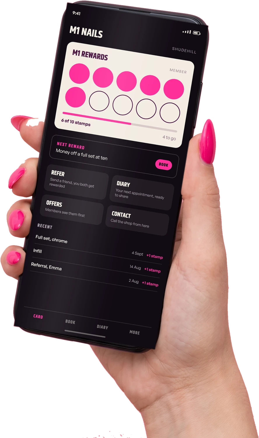 A hand holding a phone showing the M1 Rewards card, six of ten stamps filled
